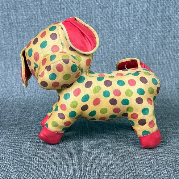 Vintage Krueger Polka Dot Dog Stuffed Animal Toy, Red Trim, Made in USA - Picture 1 of 5